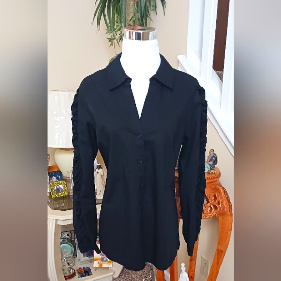 INC International Concepts Coreseted Back and Ruffles on Sleeves EUC  L BLK - Picture 2 of 9